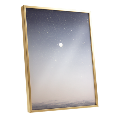 Quiet Orbit, gray, white, gold nature wall art shown as a gold framed poster wall art print