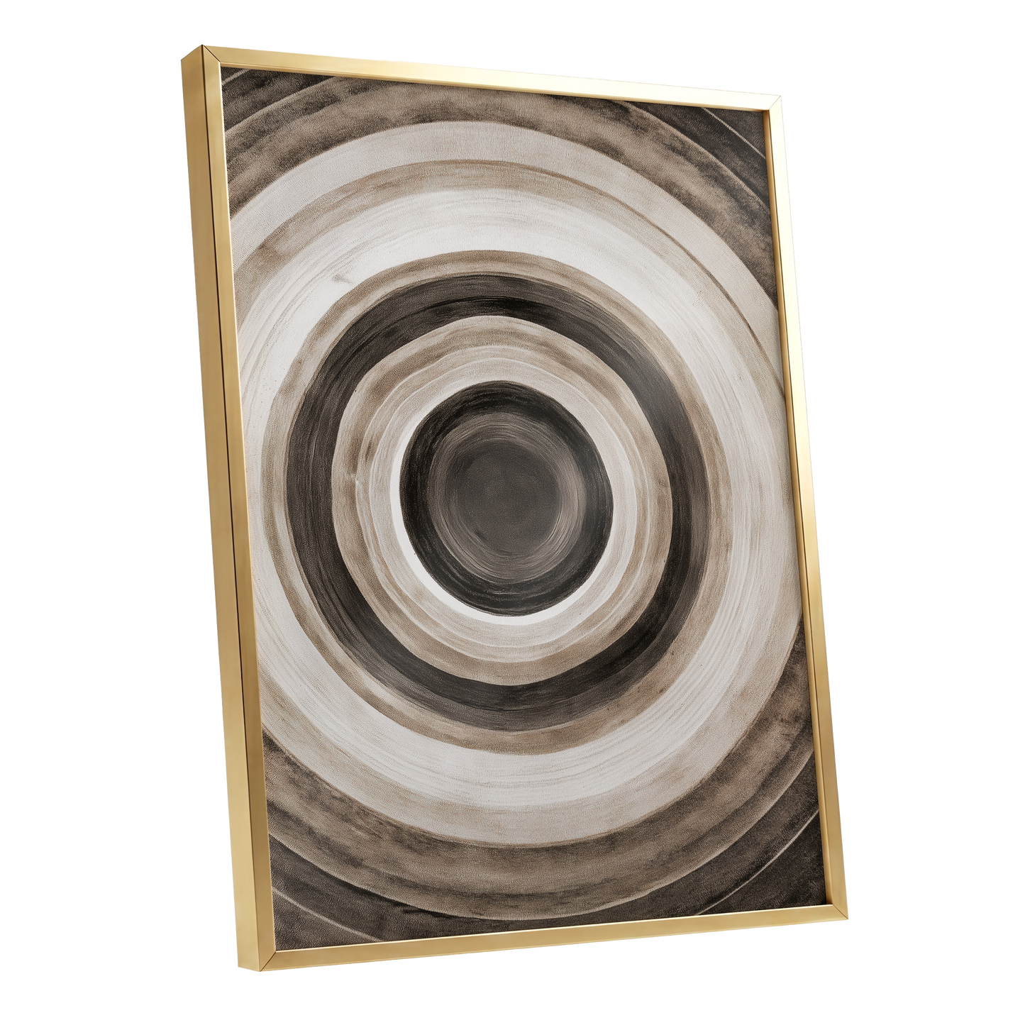 Quiet Orbit, black, brown, beige abstract wall art shown as a gold framed poster wall art print