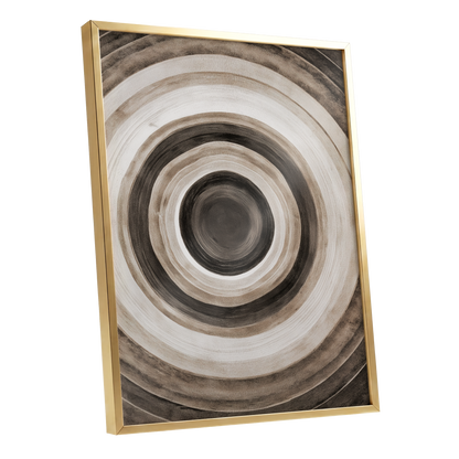 Quiet Orbit, black, brown, beige abstract wall art shown as a gold framed poster wall art print
