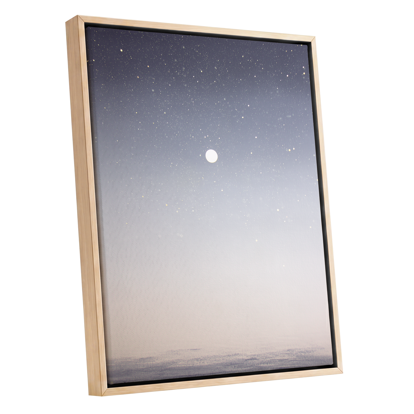 Quiet Orbit, gray, white, gold nature wall art shown as a oak framed canvas wall art