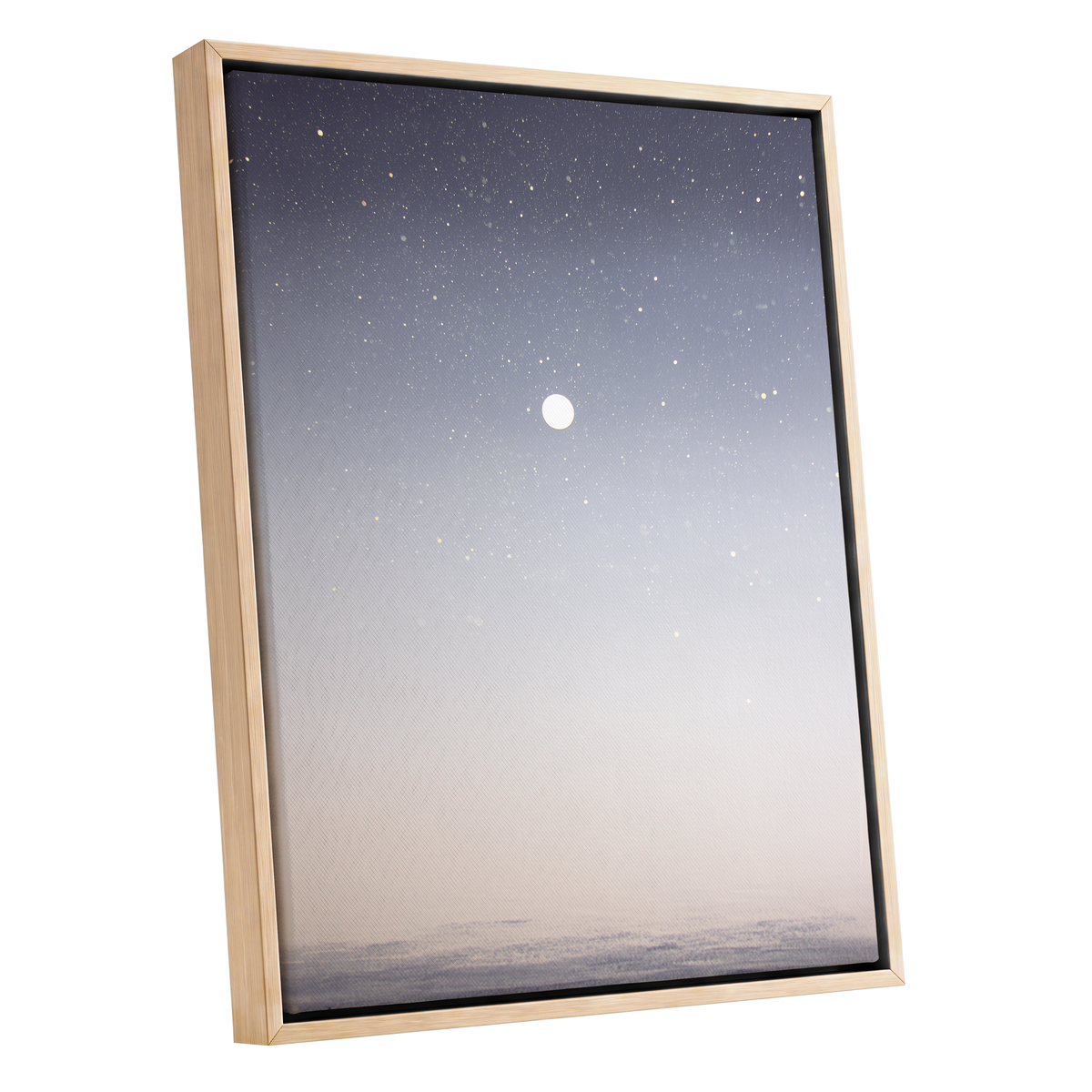 Quiet Orbit, gray, white, gold nature wall art shown as a oak framed canvas wall art