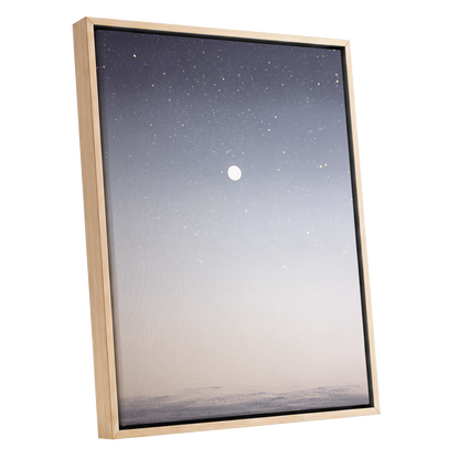 Quiet Orbit, gray, white, gold nature wall art shown as a oak framed canvas wall art