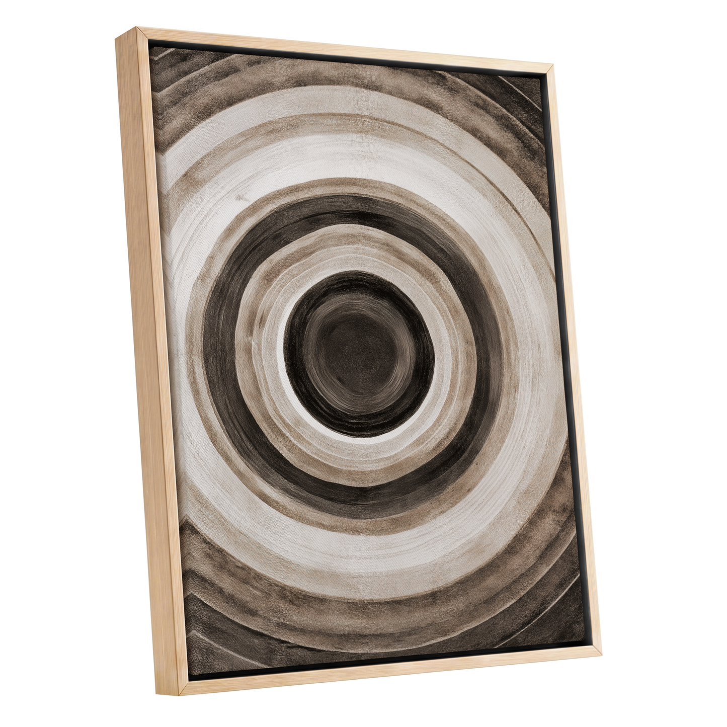 Quiet Orbit, black, brown, beige abstract wall art shown as a oak framed canvas wall art