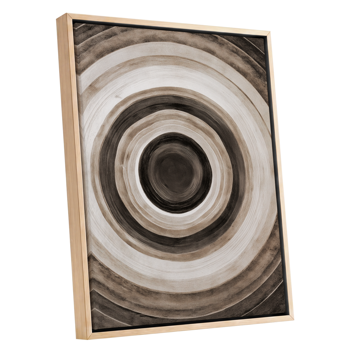 Quiet Orbit, black, brown, beige abstract wall art shown as a oak framed canvas wall art