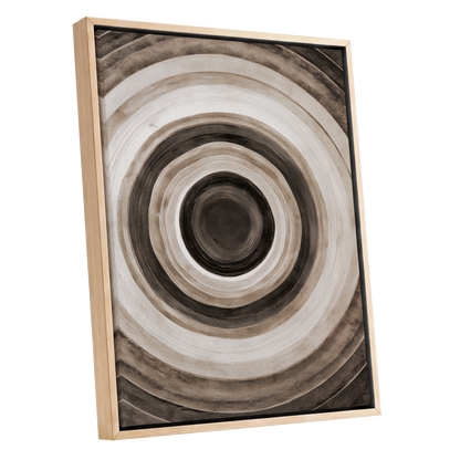 Quiet Orbit, black, brown, beige abstract wall art shown as a oak framed canvas wall art