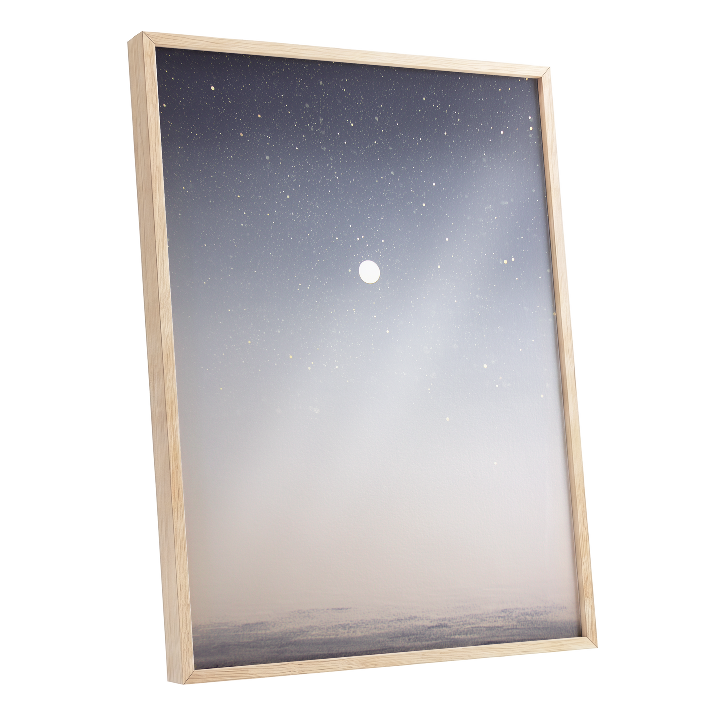 Quiet Orbit, gray, white, gold nature wall art shown as a oak framed poster wall art print