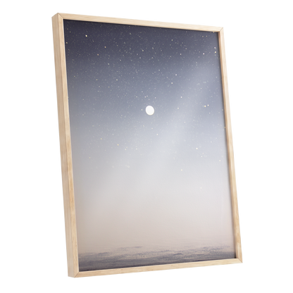 Quiet Orbit, gray, white, gold nature wall art shown as a oak framed poster wall art print
