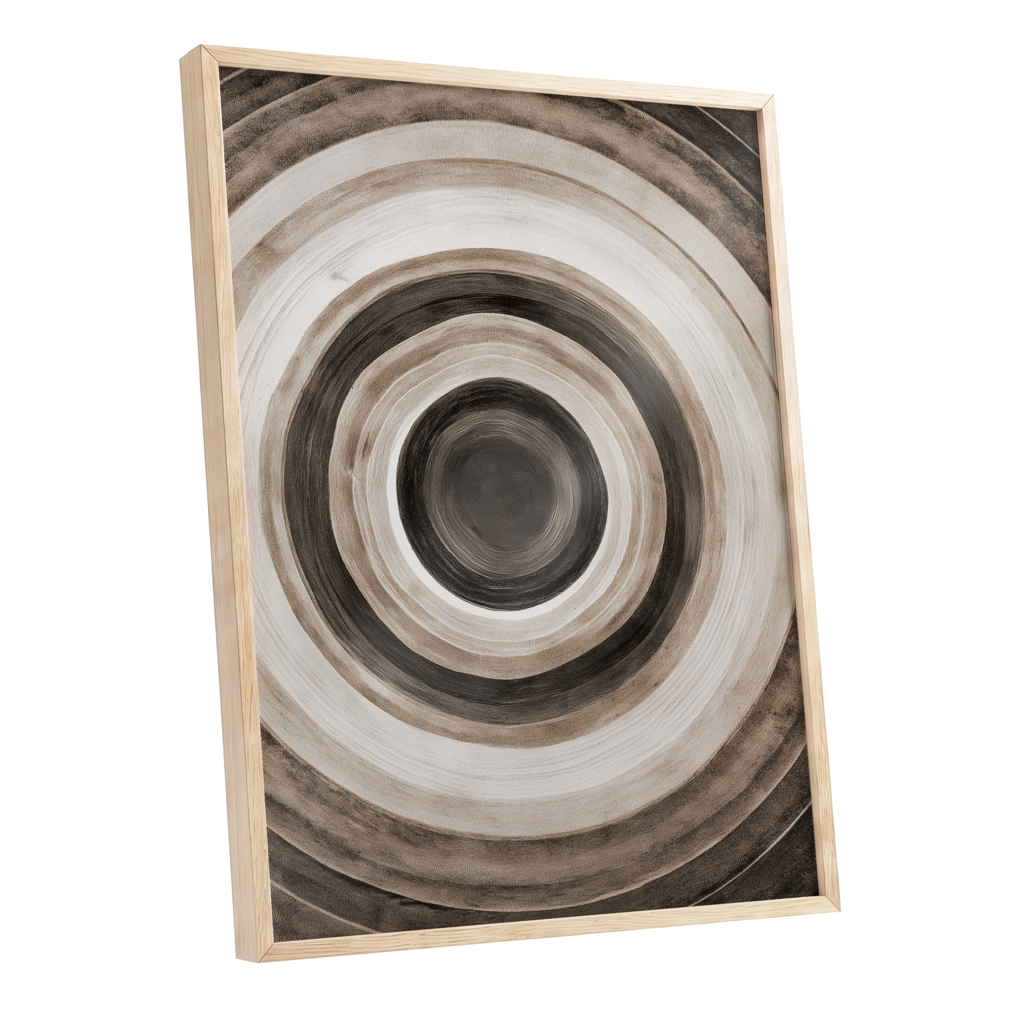 Quiet Orbit, black, brown, beige abstract wall art shown as a oak framed poster wall art print