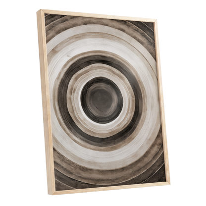 Quiet Orbit, black, brown, beige abstract wall art shown as a oak framed poster wall art print