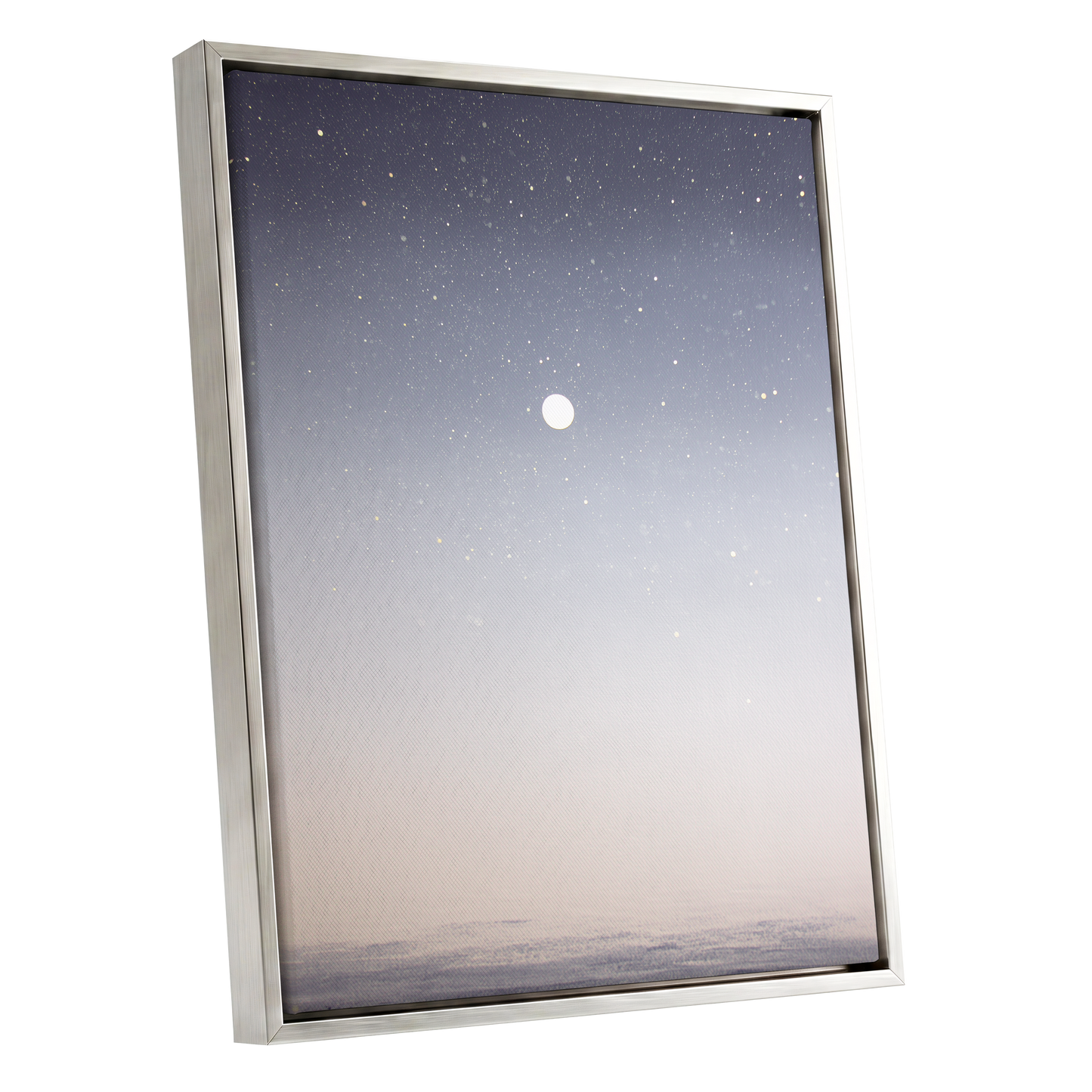 Quiet Orbit, gray, white, gold nature wall art shown as a silver framed canvas wall art