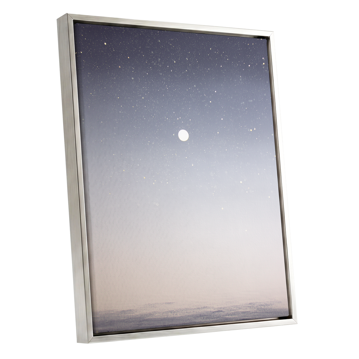 Quiet Orbit, gray, white, gold nature wall art shown as a silver framed canvas wall art