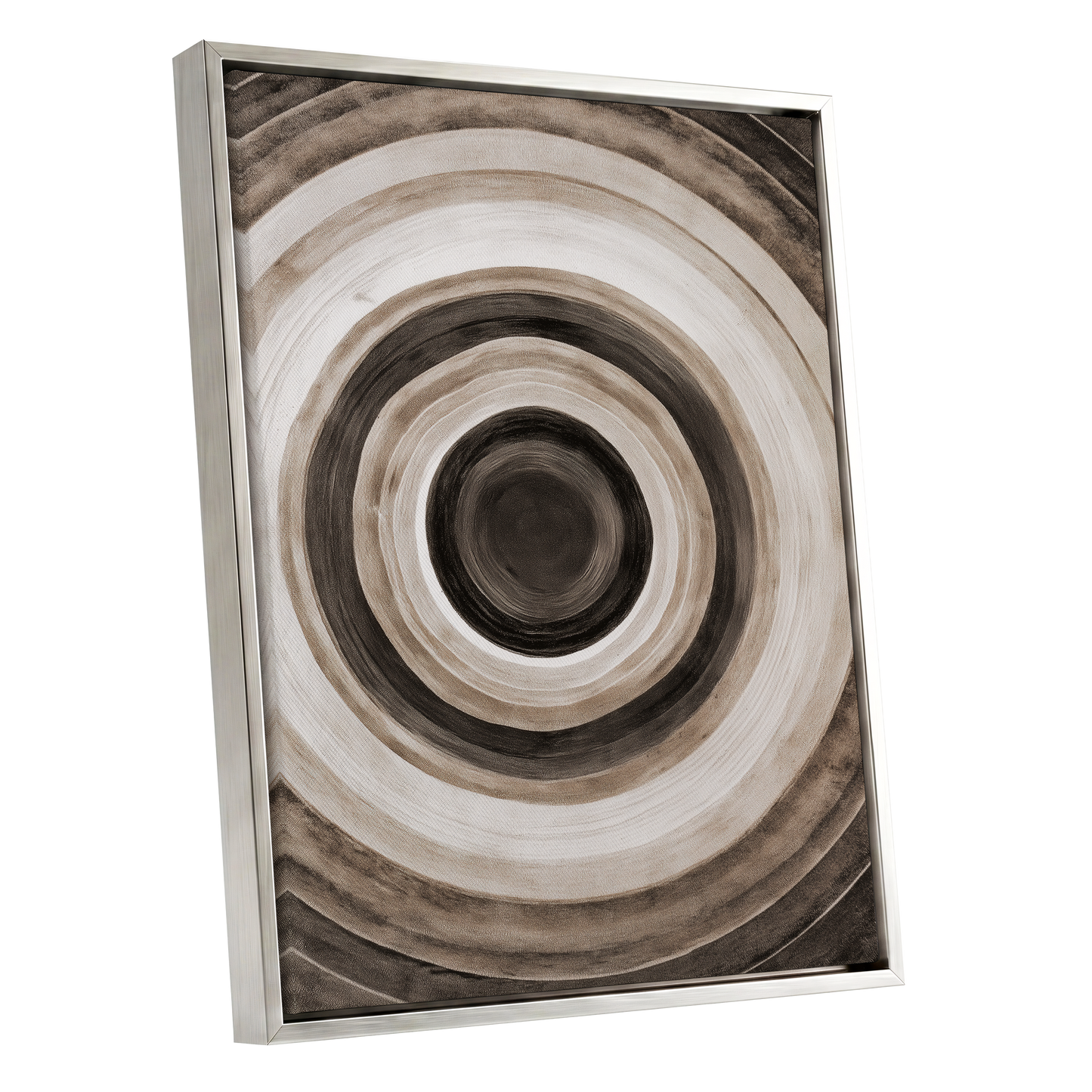 Quiet Orbit, black, brown, beige abstract wall art shown as a silver framed canvas wall art