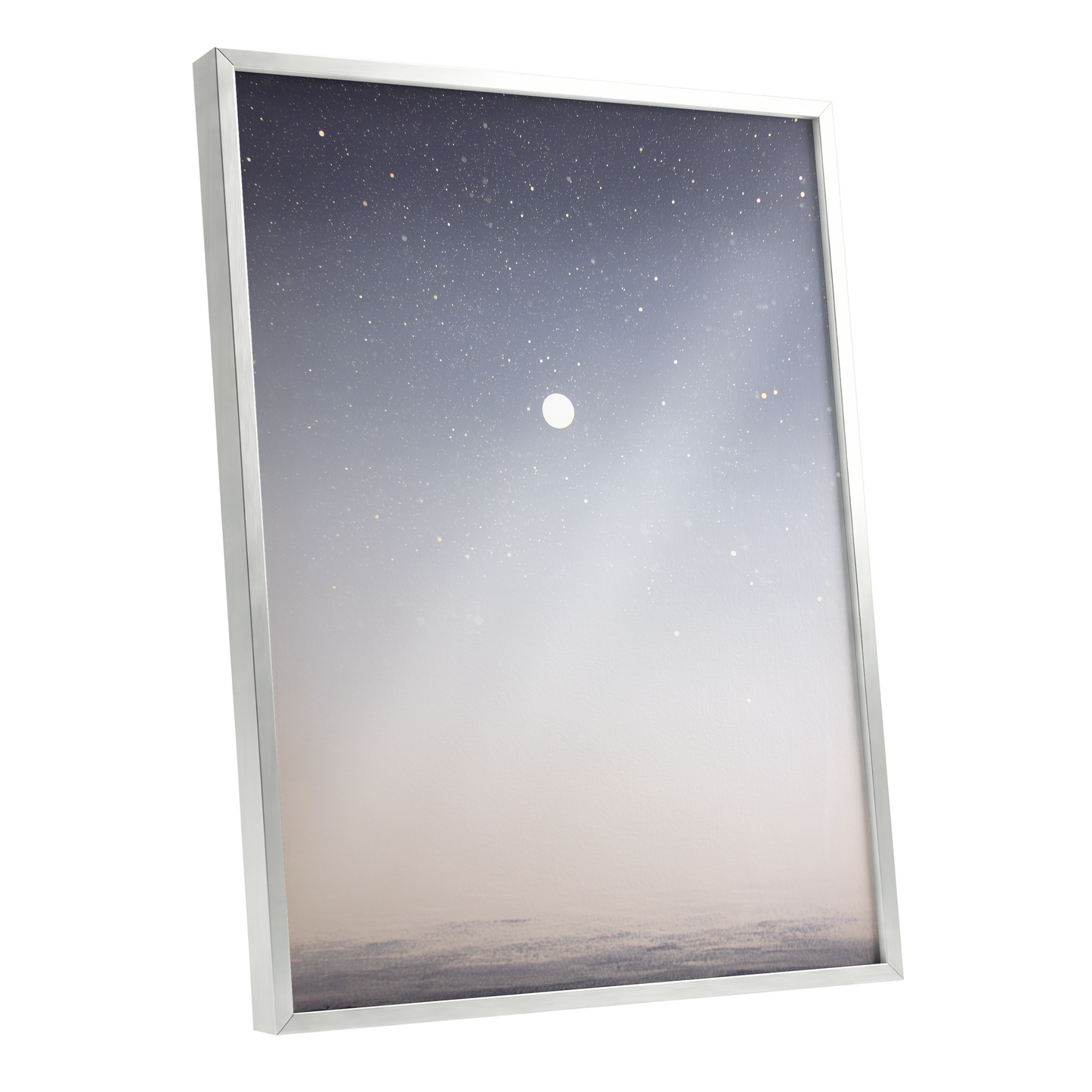 Quiet Orbit, gray, white, gold nature wall art shown as a silver framed poster wall art print