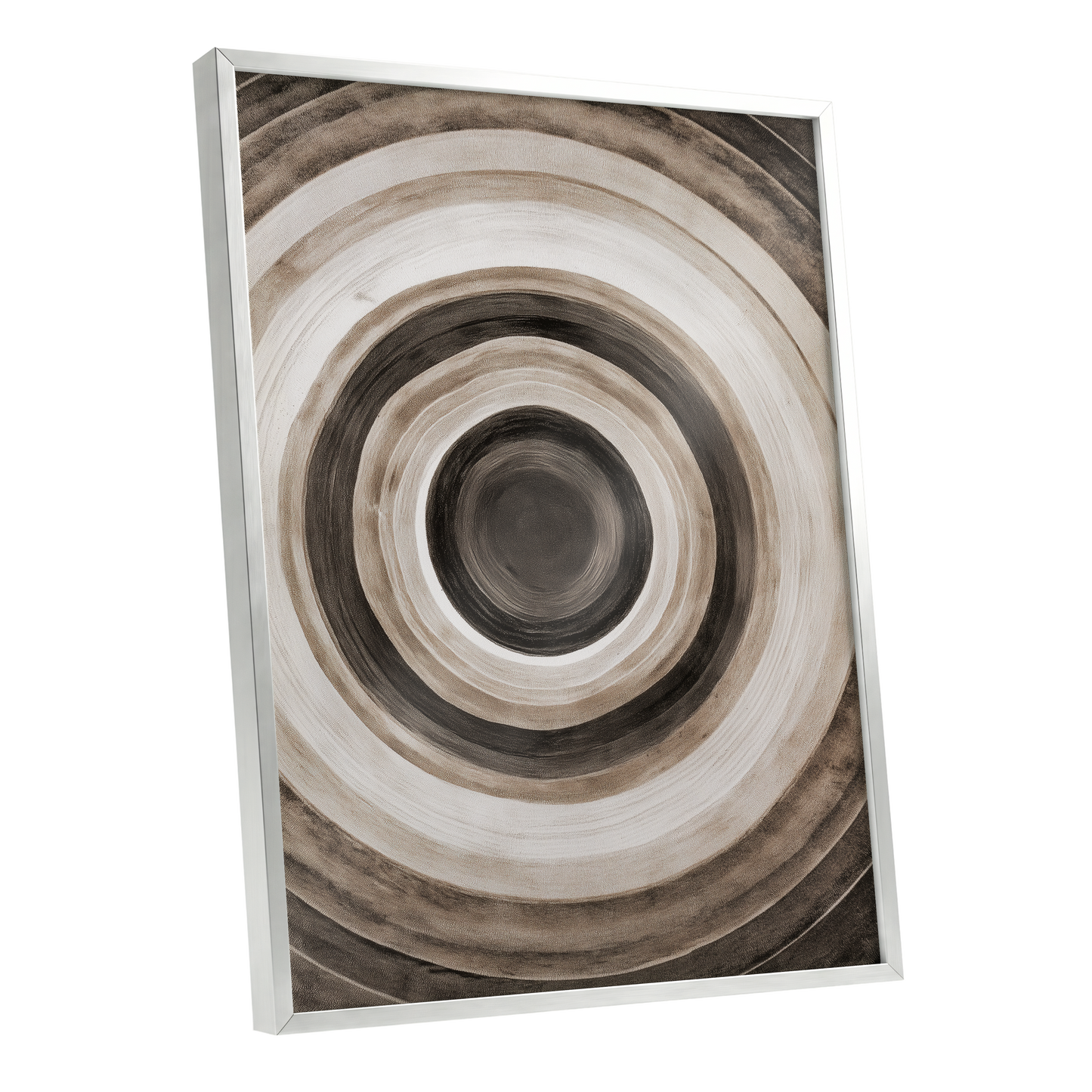 Quiet Orbit, black, brown, beige abstract wall art shown as a silver framed poster wall art print