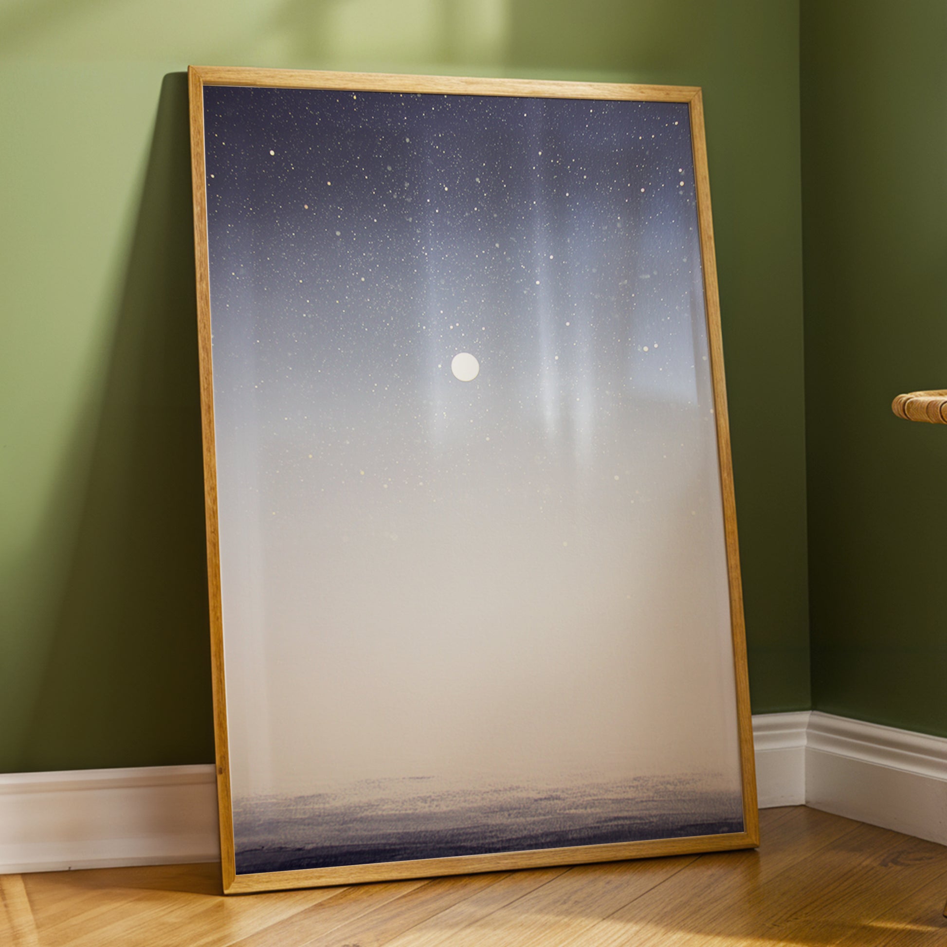 Quiet Orbit, gray, white, gold nature wall art displayed in a styled interior, gallery view 2