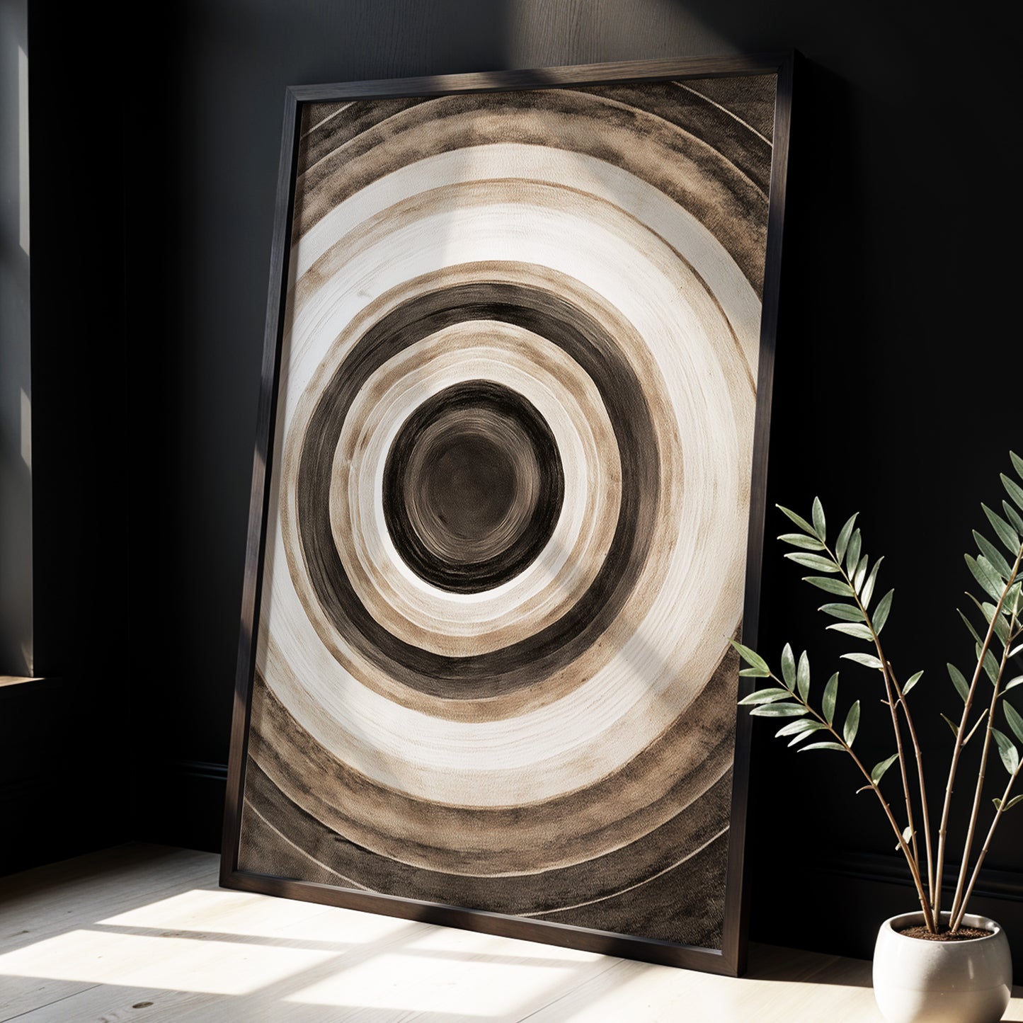 Quiet Orbit, black, brown, beige abstract wall art displayed in a styled interior, gallery view 2