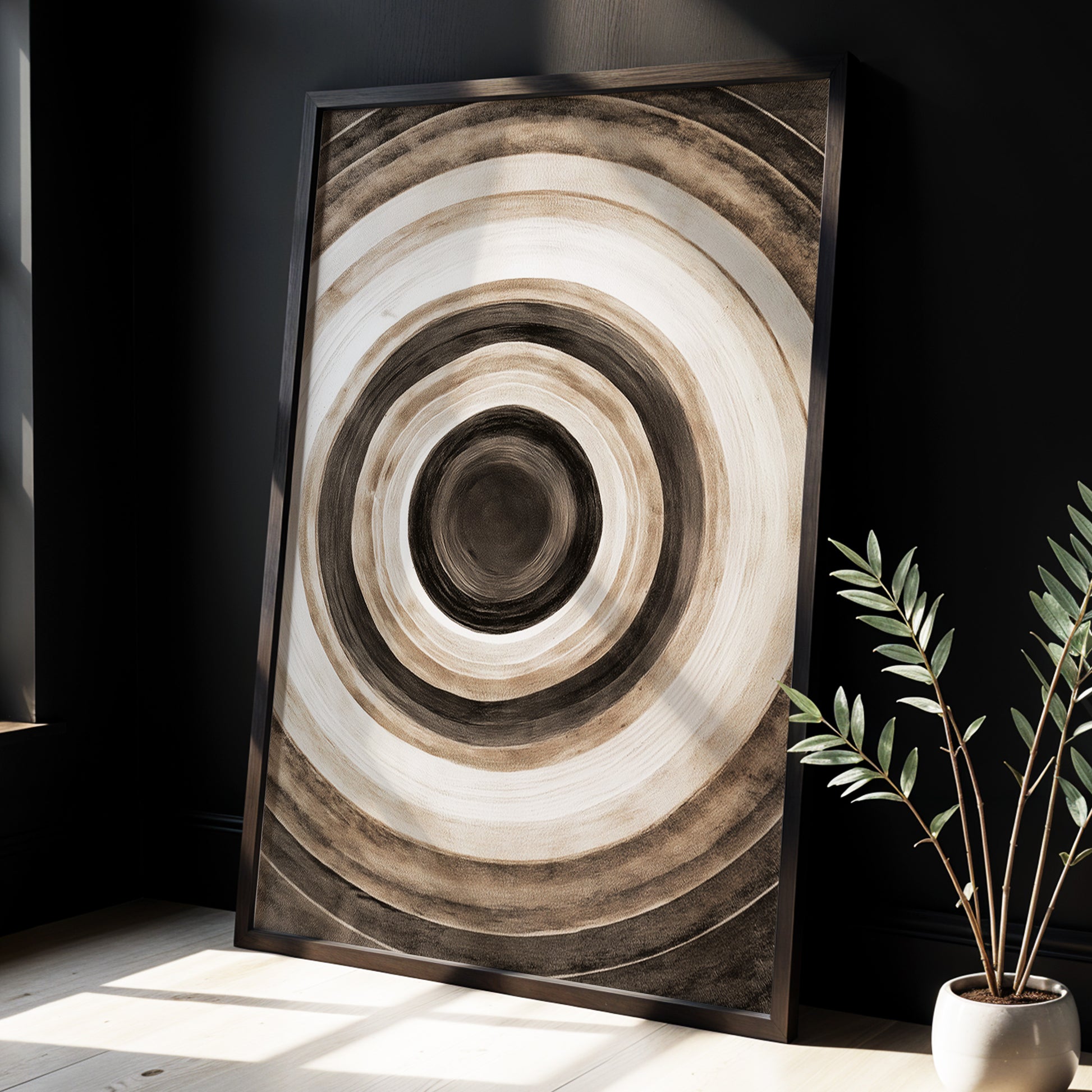 Quiet Orbit, black, brown, beige abstract wall art displayed in a styled interior, gallery view 2
