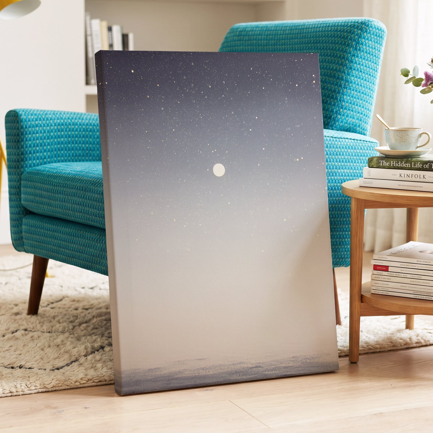 Quiet Orbit, gray, white, gold nature wall art displayed in a styled interior, gallery view 3