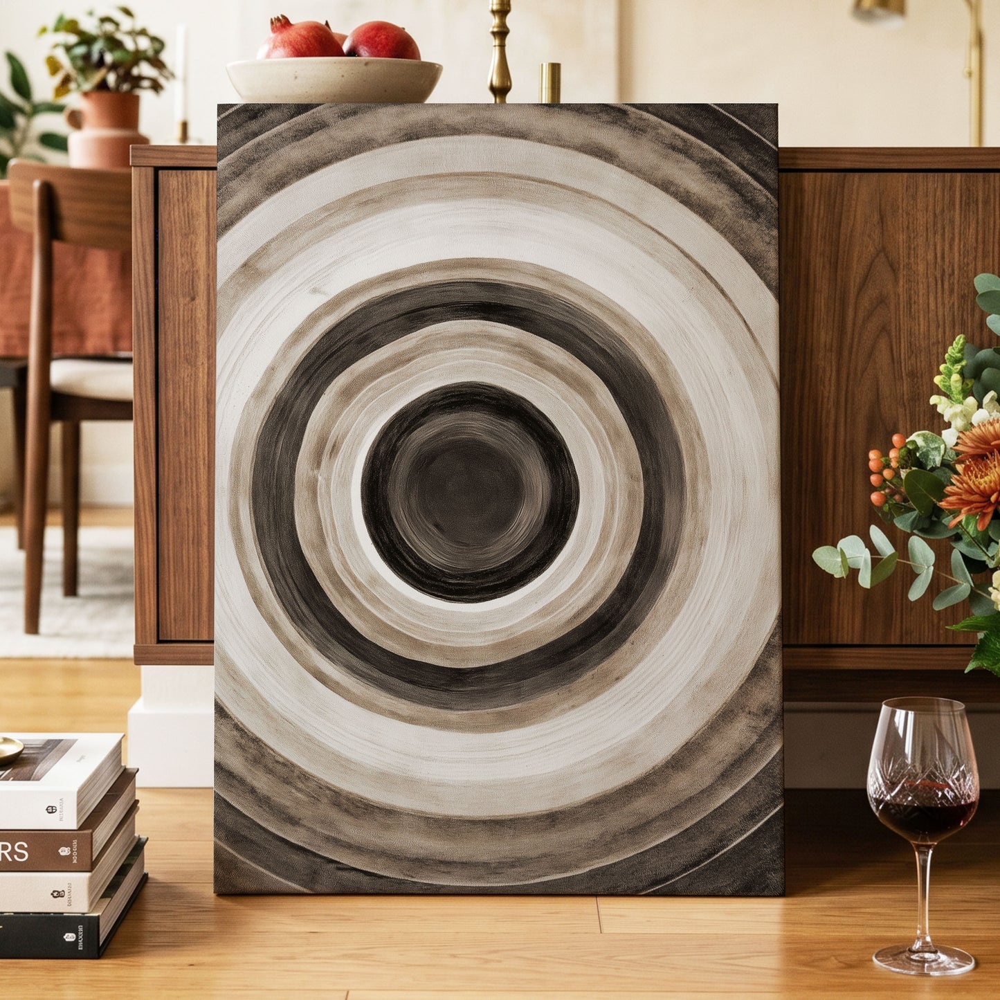 Quiet Orbit, black, brown, beige abstract wall art displayed in a styled interior, gallery view 3