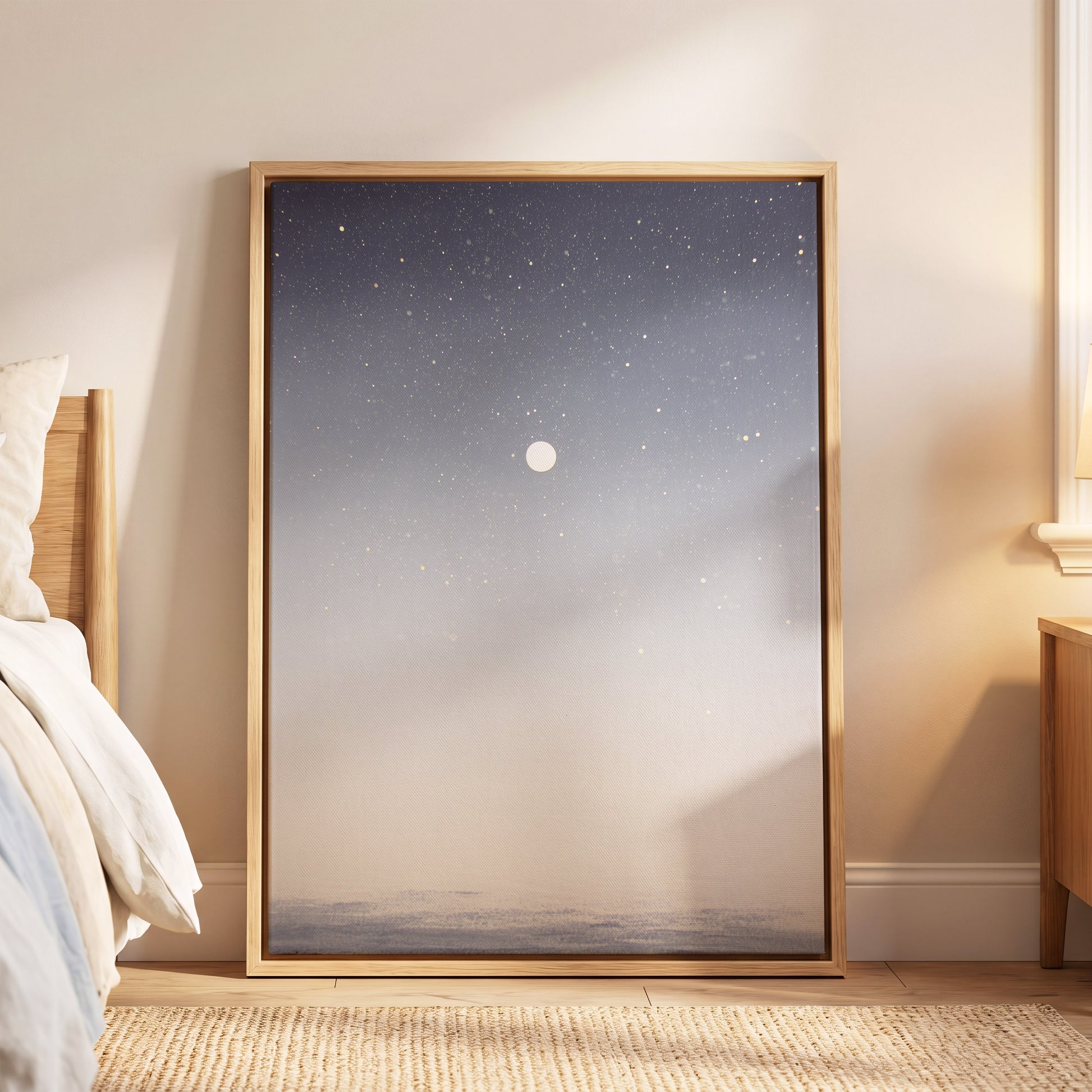 Quiet Orbit, gray, white, gold nature wall art displayed in a styled interior, gallery view 4