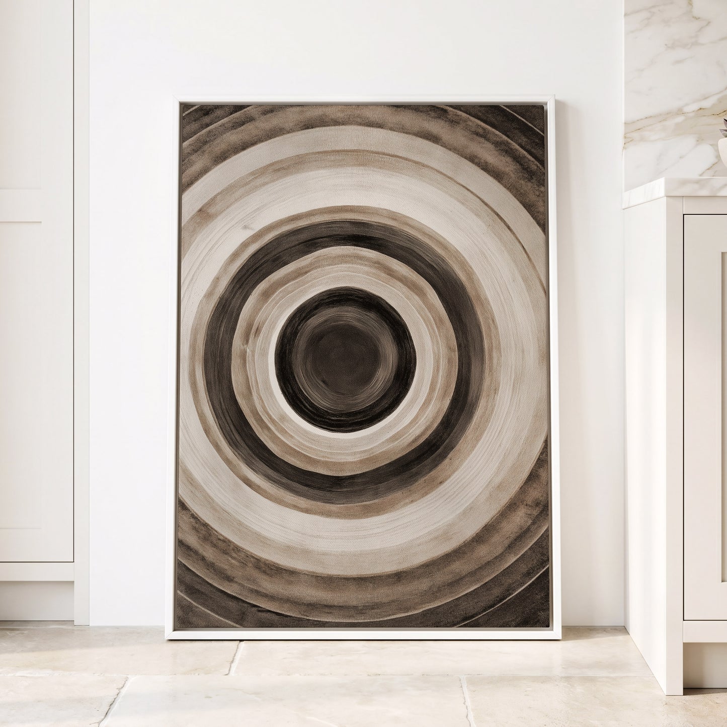 Quiet Orbit, black, brown, beige abstract wall art displayed in a styled interior, gallery view 4