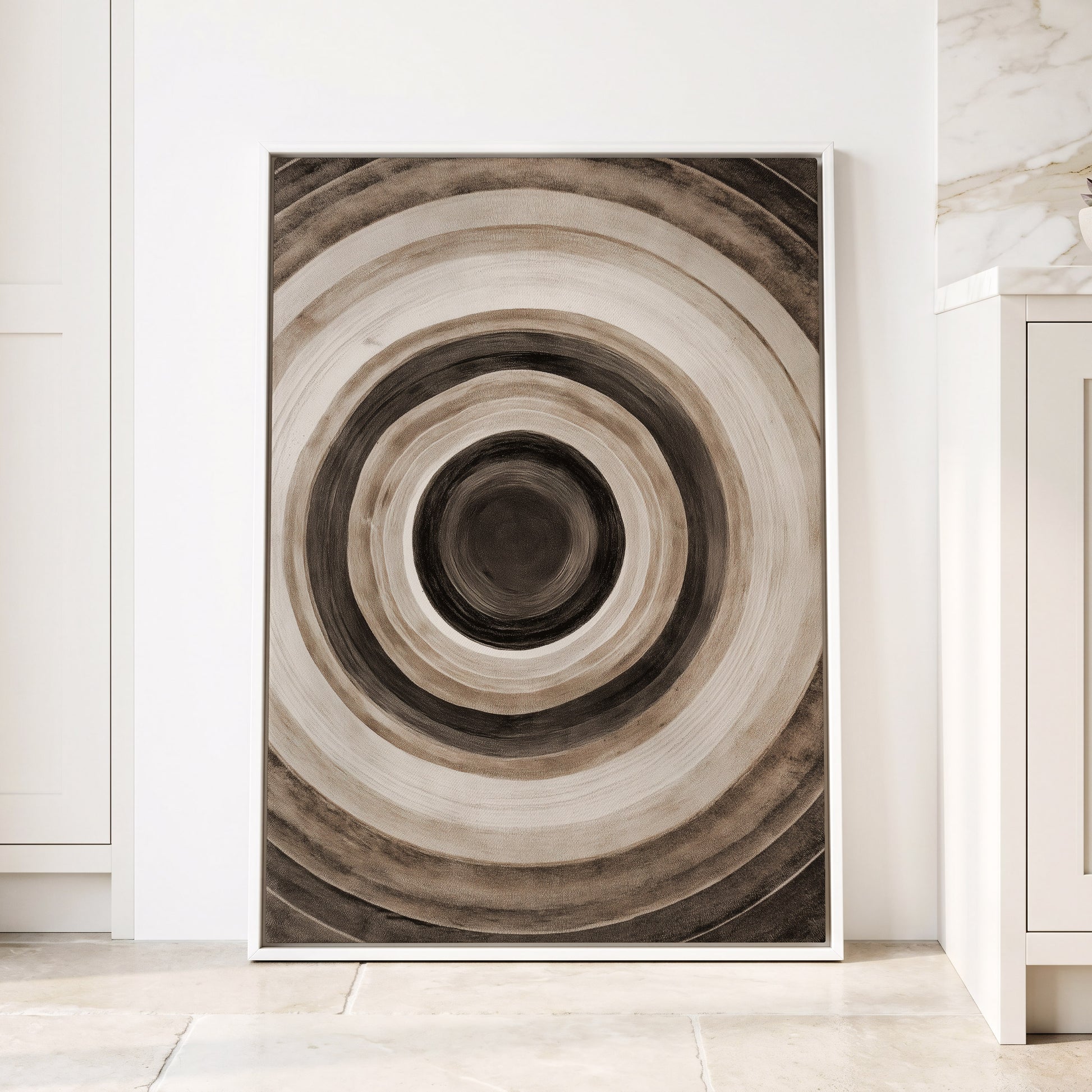Quiet Orbit, black, brown, beige abstract wall art displayed in a styled interior, gallery view 4