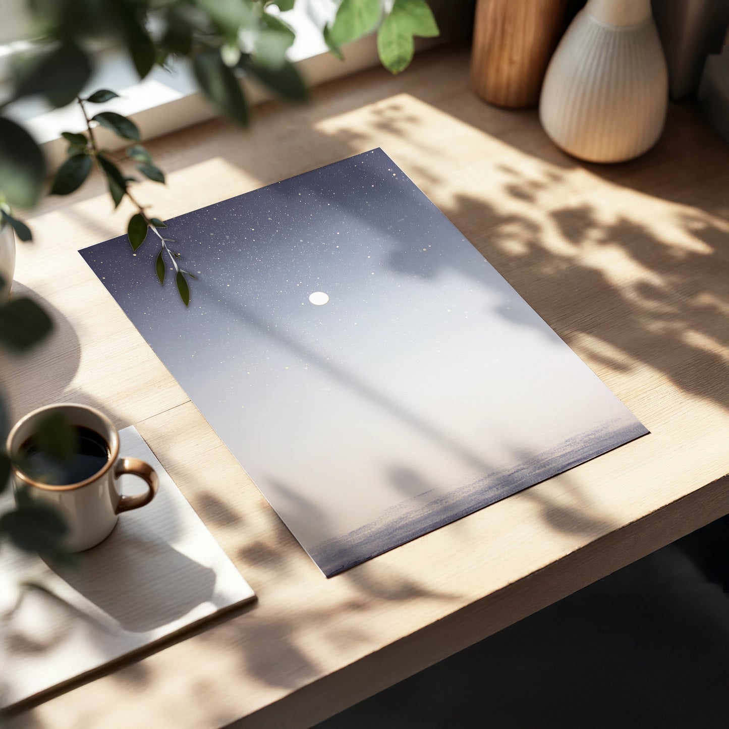 Quiet Orbit, gray, white, gold nature wall art displayed in a styled interior, gallery view 5