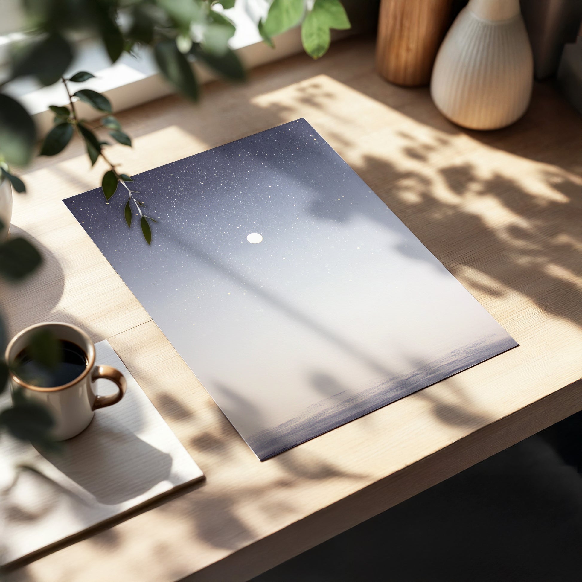 Quiet Orbit, gray, white, gold nature wall art displayed in a styled interior, gallery view 5