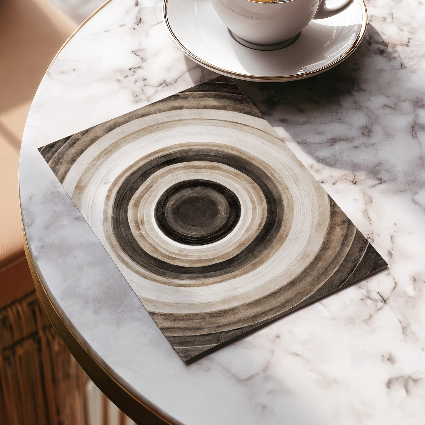 Quiet Orbit, black, brown, beige abstract wall art displayed in a styled interior, gallery view 5