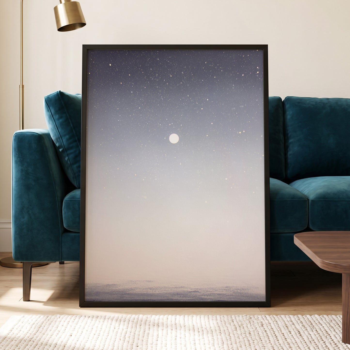 Quiet Orbit, gray, white, gold nature wall art displayed in a styled interior, gallery view 6