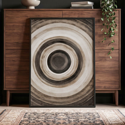 Quiet Orbit, black, brown, beige abstract wall art displayed in a styled interior, gallery view 6