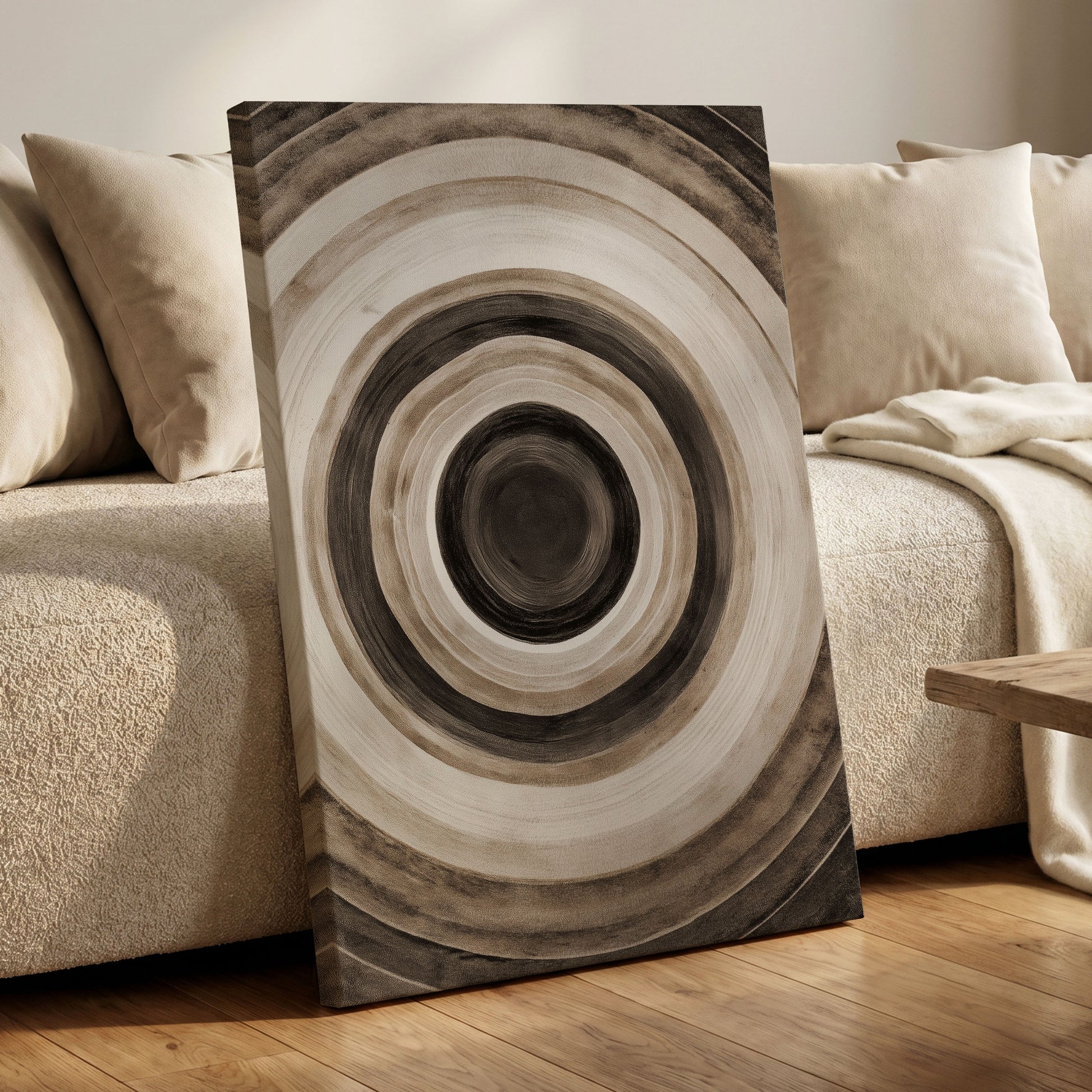 Quiet Orbit, black, brown, beige abstract wall art displayed in a styled interior, gallery view 7