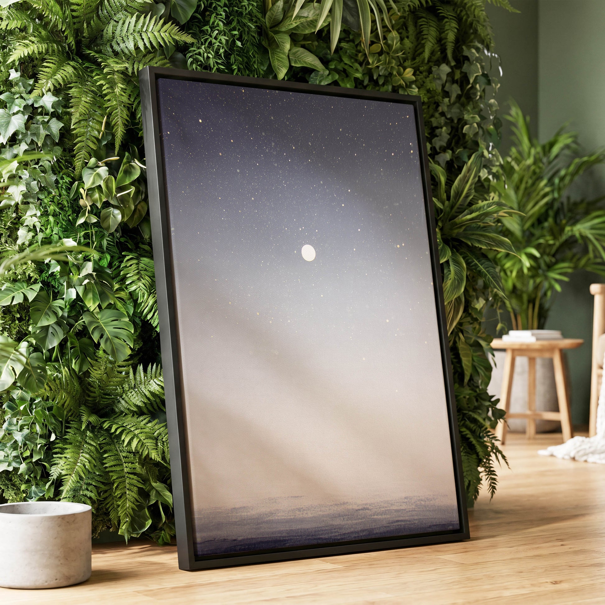 Quiet Orbit, gray, white, gold nature wall art displayed in a styled interior, gallery view 8