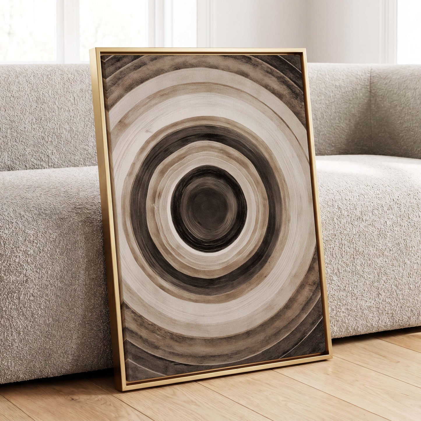 Quiet Orbit, black, brown, beige abstract wall art displayed in a styled interior, gallery view 8