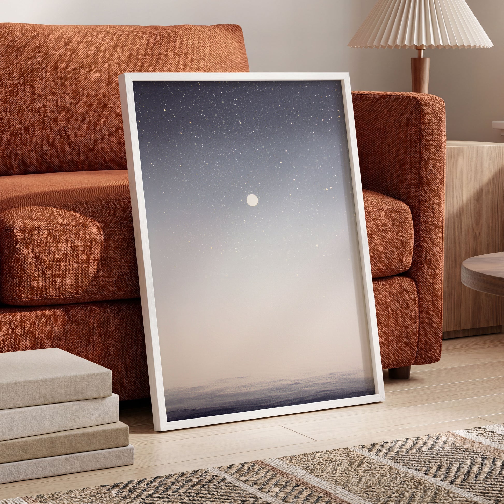 Quiet Orbit, gray, white, gold nature wall art displayed in a styled interior, gallery view 9
