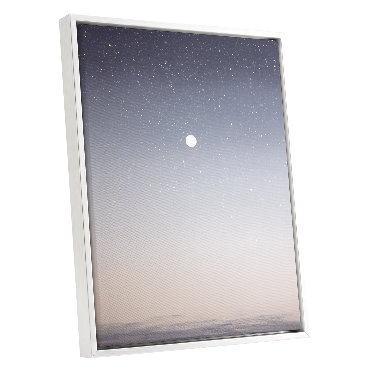 Quiet Orbit, gray, white, gold nature wall art shown as a white framed canvas wall art