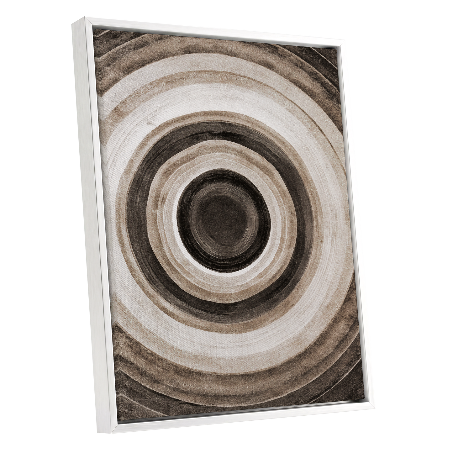 Quiet Orbit, black, brown, beige abstract wall art shown as a white framed canvas wall art