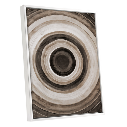 Quiet Orbit, black, brown, beige abstract wall art shown as a white framed canvas wall art