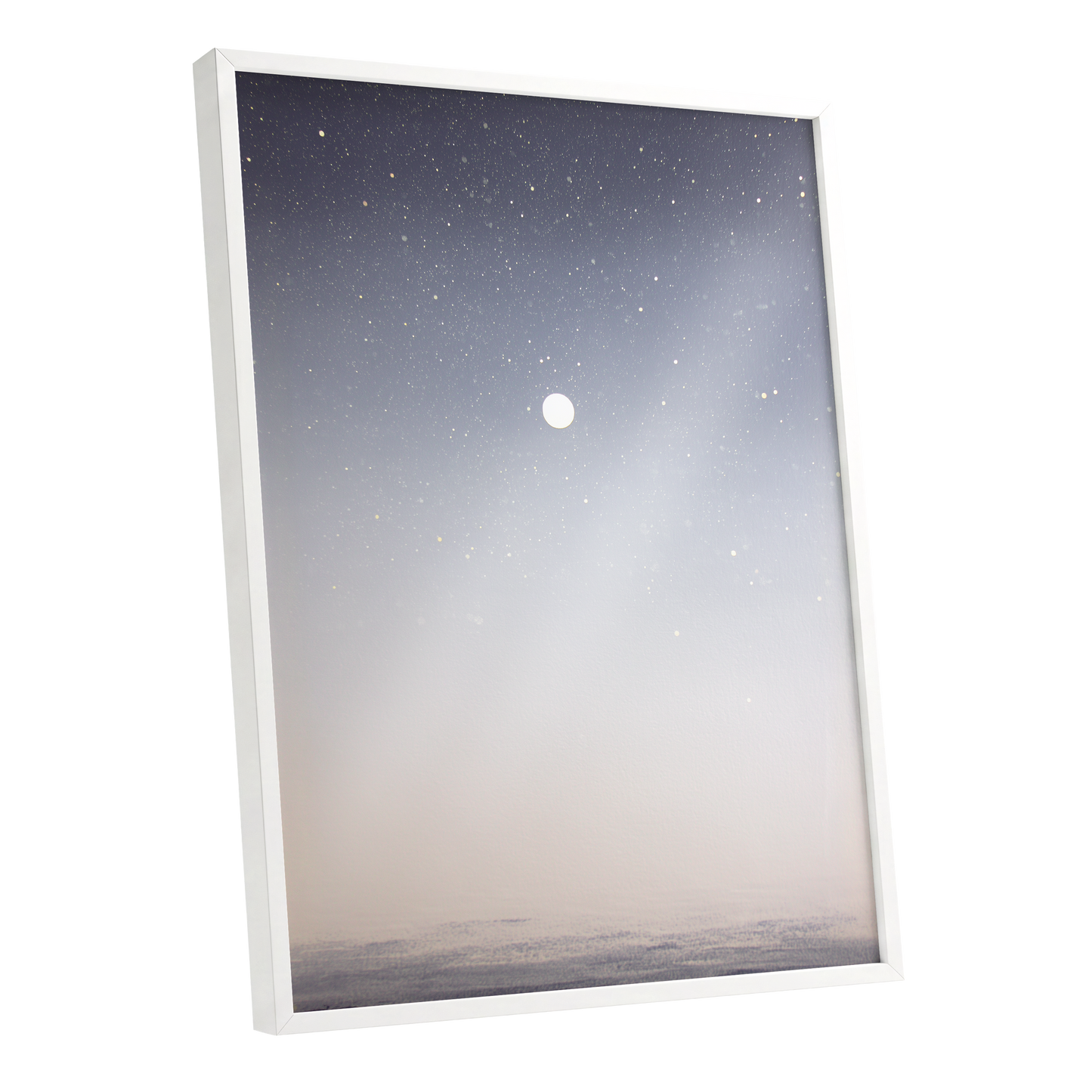 Quiet Orbit, gray, white, gold nature wall art shown as a white framed poster wall art print