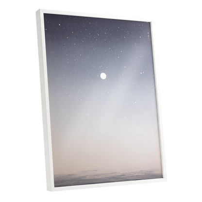 Quiet Orbit, gray, white, gold nature wall art shown as a white framed poster wall art print