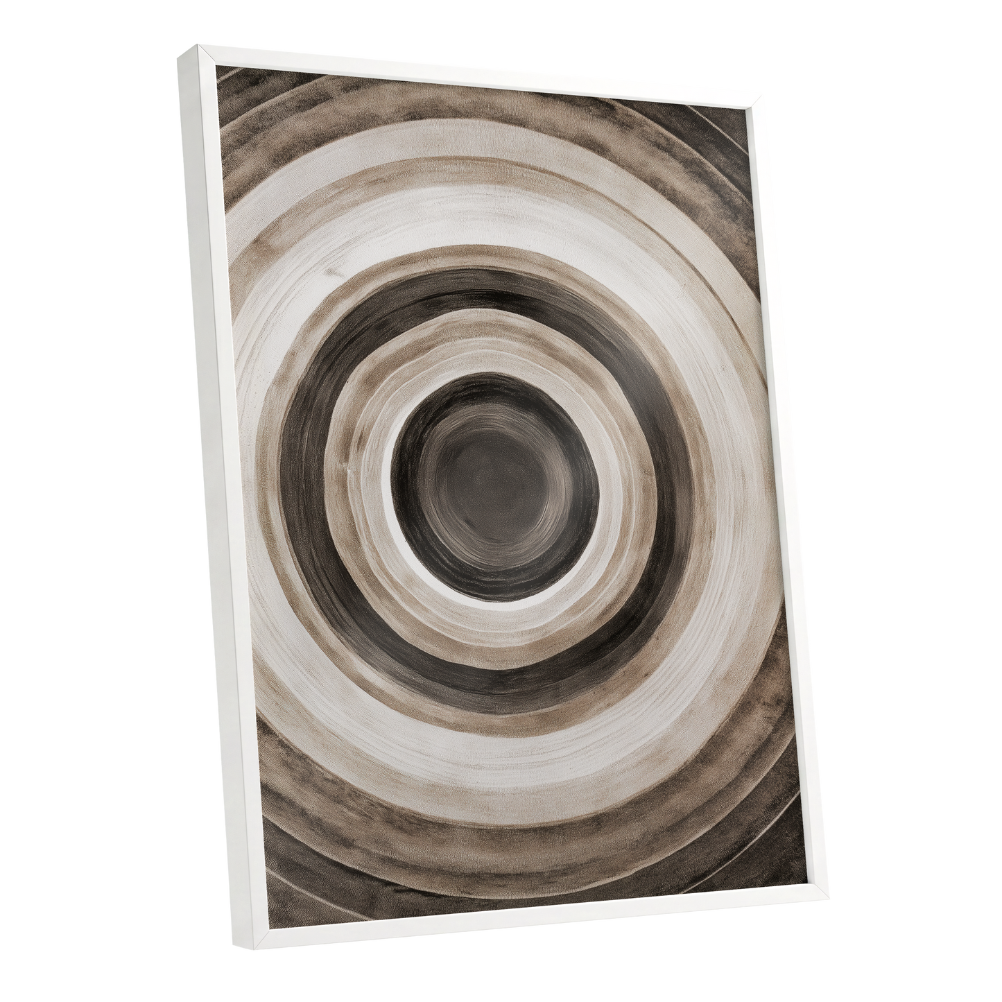 Quiet Orbit, black, brown, beige abstract wall art shown as a white framed poster wall art print