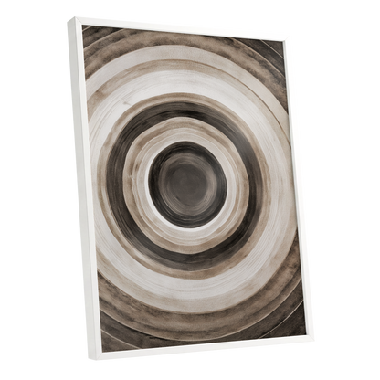 Quiet Orbit, black, brown, beige abstract wall art shown as a white framed poster wall art print