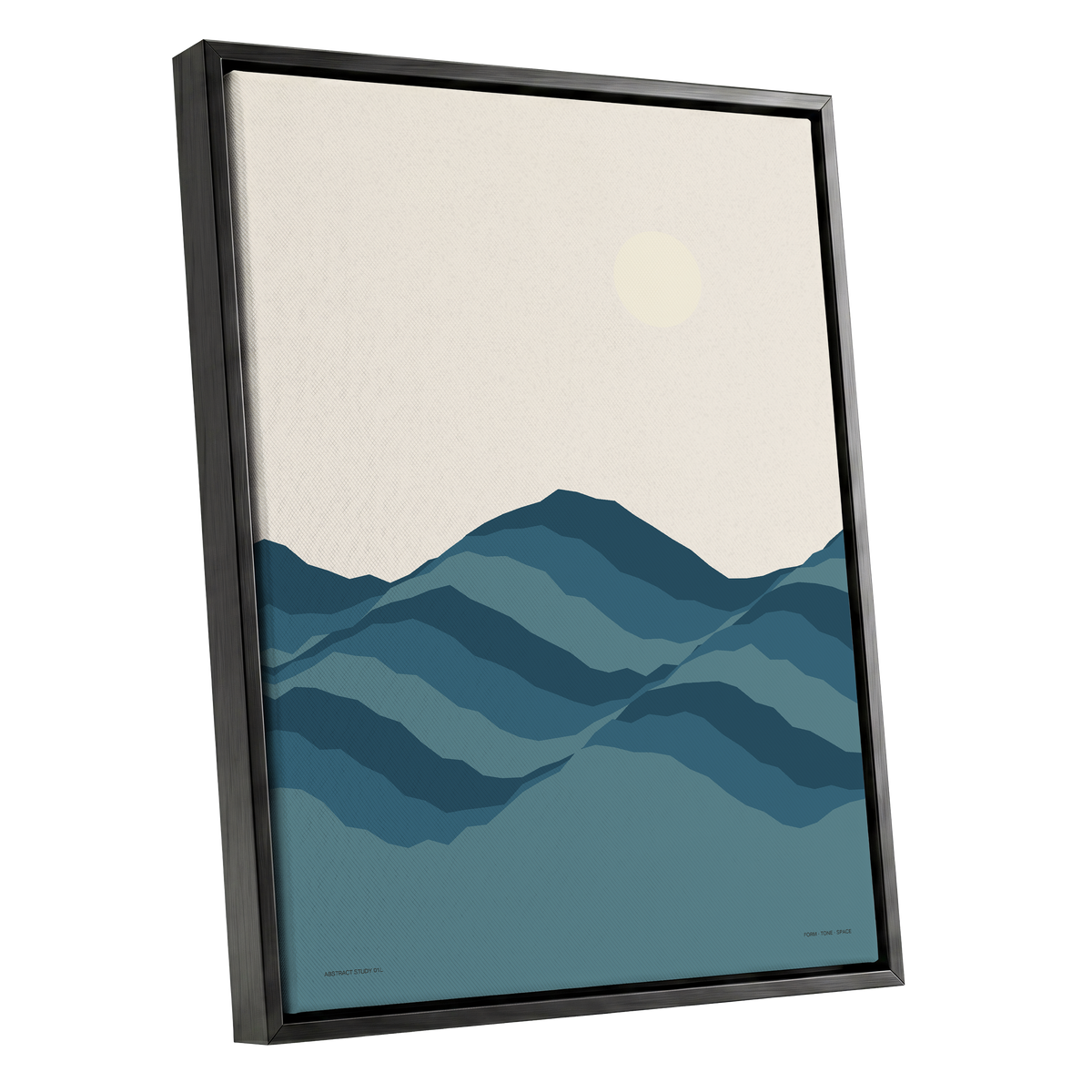 Quiet Peaks at Dawn, blue, beige, gray nature wall art shown as a black framed canvas wall art