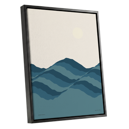 Quiet Peaks at Dawn, blue, beige, gray nature wall art shown as a black framed canvas wall art