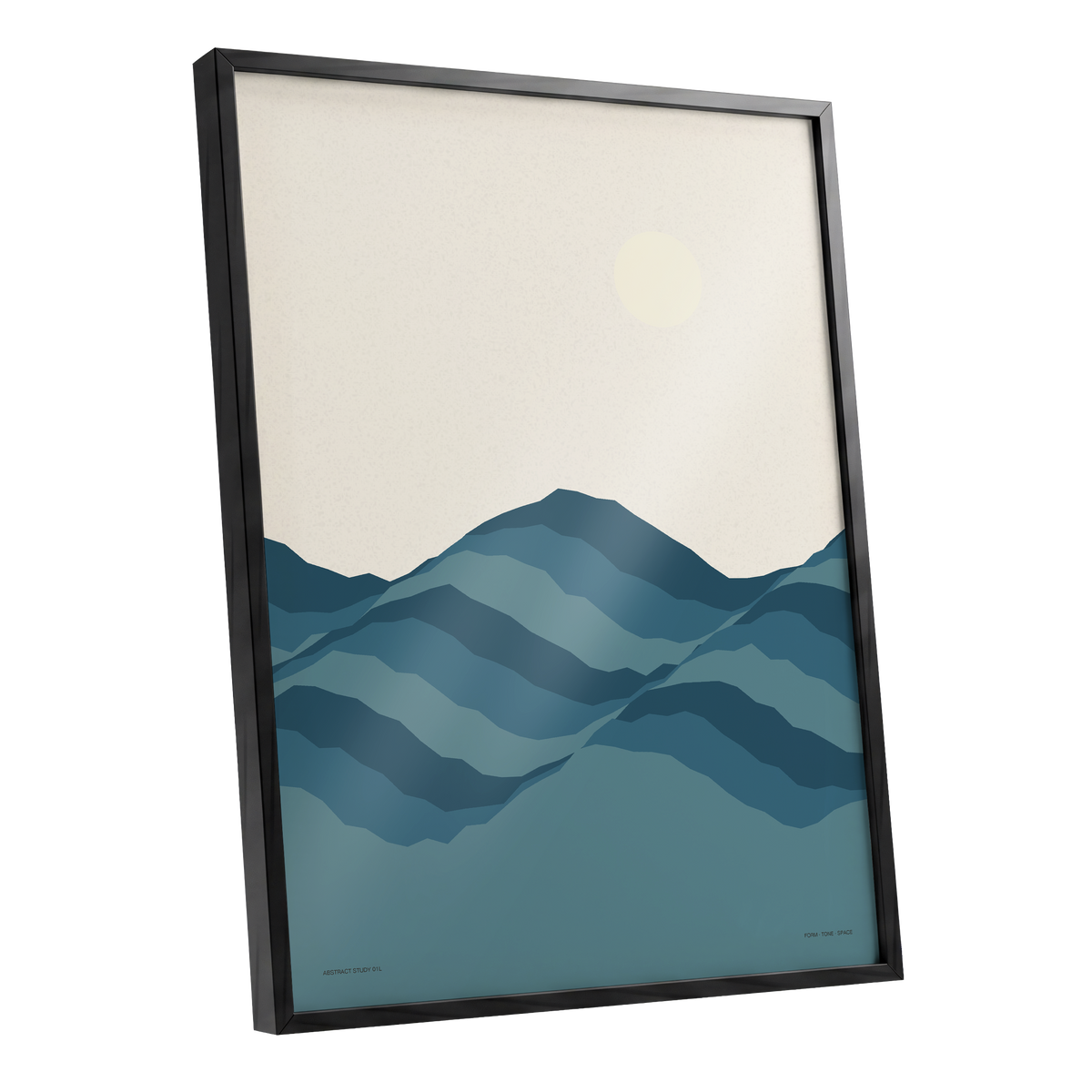 Quiet Peaks at Dawn, blue, beige, gray nature wall art shown as a black framed poster wall art print