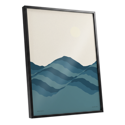 Quiet Peaks at Dawn, blue, beige, gray nature wall art shown as a black framed poster wall art print