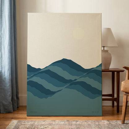 Quiet Peaks at Dawn, blue, beige, gray nature wall art on canvas displayed in a styled interior, gallery view 1