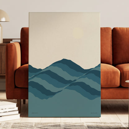 Quiet Peaks at Dawn, blue, beige, gray nature wall art on canvas displayed in a styled interior, gallery view 2