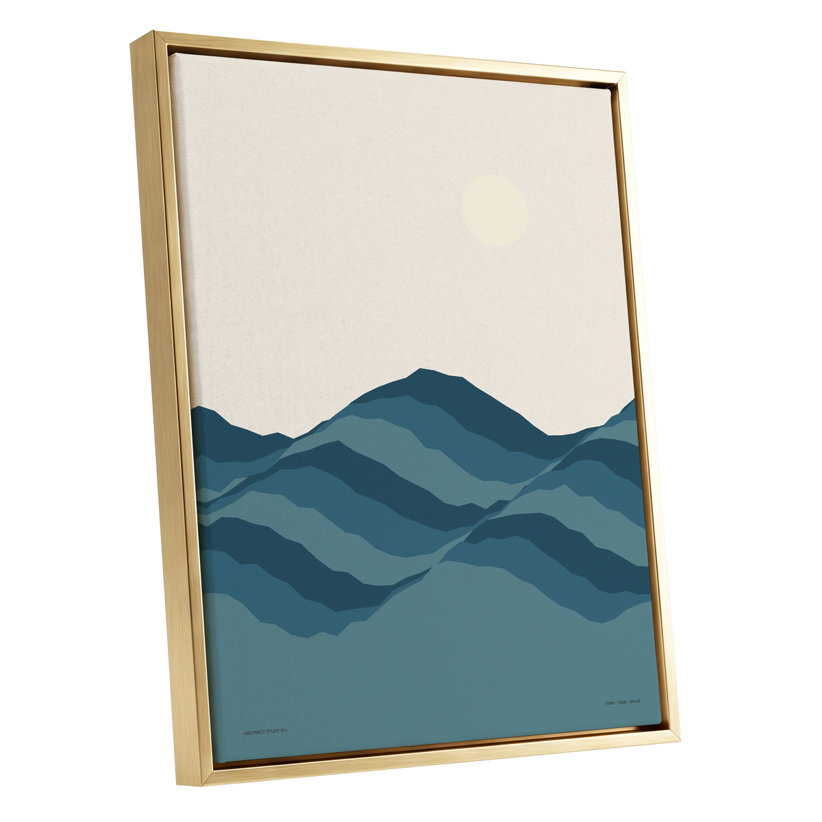 Quiet Peaks at Dawn, blue, beige, gray nature wall art shown as a gold framed canvas wall art