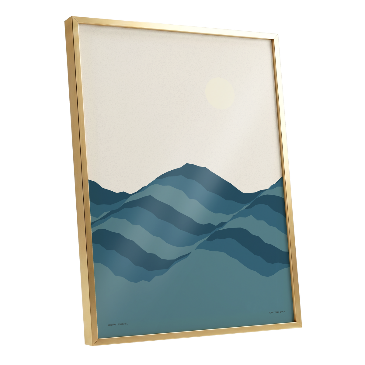 Quiet Peaks at Dawn, blue, beige, gray nature wall art shown as a gold framed poster wall art print